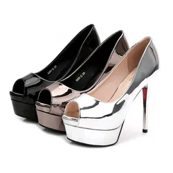 2024 Women 12.5cm High Heels 3.5cm Platform Peep Toe Pumps Crystal Nightclub Soft Leather Red Bottom Drag Queen Bronze Shoes