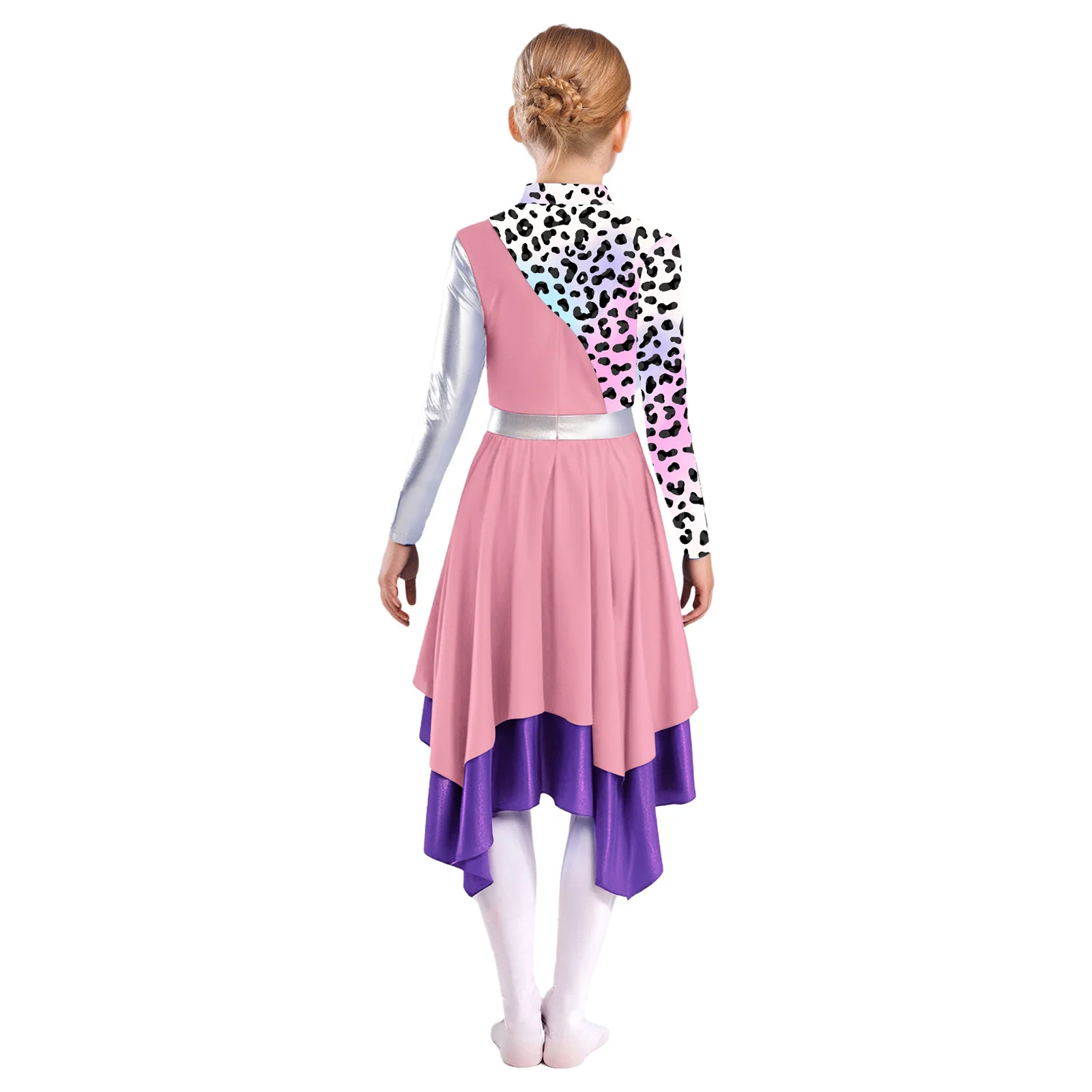Kids Girls Liturgical Praise Dance Dress Long Sleeve Printed Metallic Color Block Splice Irregular Hem Dress Lyrical Dance Dress