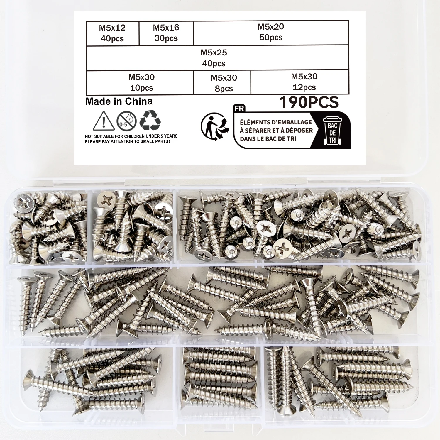 

190pcs stainless steel flat-head screws, M5x12/16/20/25/30mm, fully threaded, self-locking, suitable for wood, plastic and soft