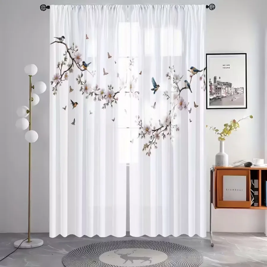 2PCS Digital Print Sheer Curtain, Flower Bird Butterfly Nature Garden Spring Window Drapes for Living Room Bedroom Home Decor view 4