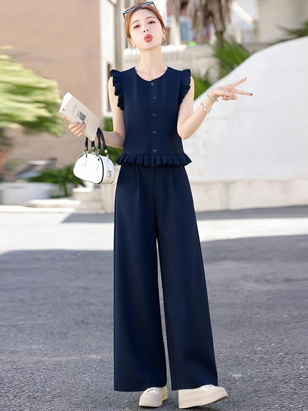 

Fashionable 2026 Summer Outfit Women's Slim Fit Sleeveless Top Wide Leg Pants Two Piece Set Age Defying Elegant Style