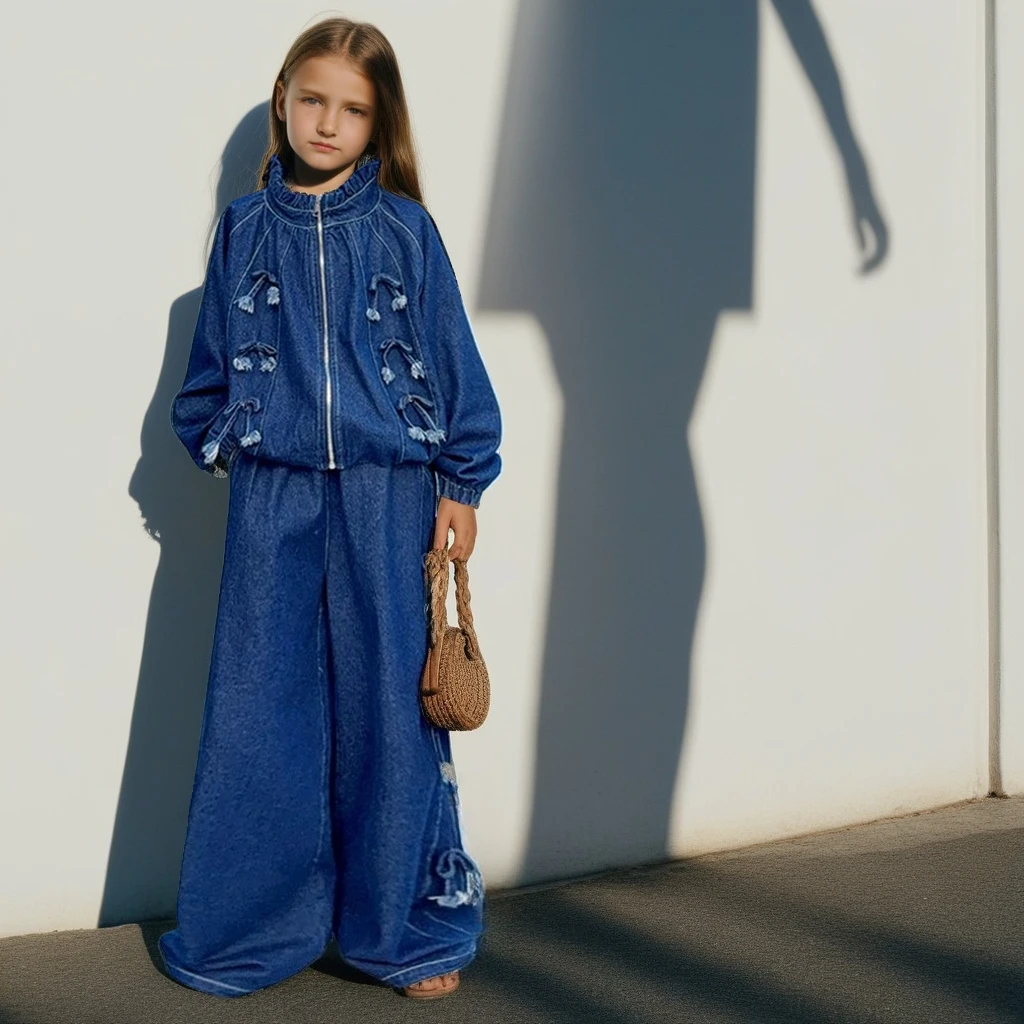 

Джинсовый комплект для девочек-подростков, модная куртка с бантом, широкие брюки, комплект из 2 предметов, свободная повседневная одежда в стиле ретро для детей, осенний школьный костюм 8 лет