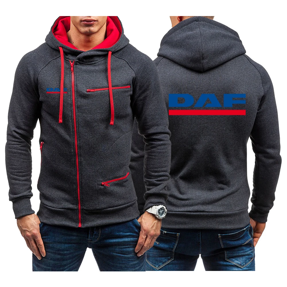 

New DAF TRUCKS COMPANY TRUCKER LOGO Printed Men Solid Color Diagonal Zip Hooded Long Sleeves Hoodies Casual Jacket Sportswear