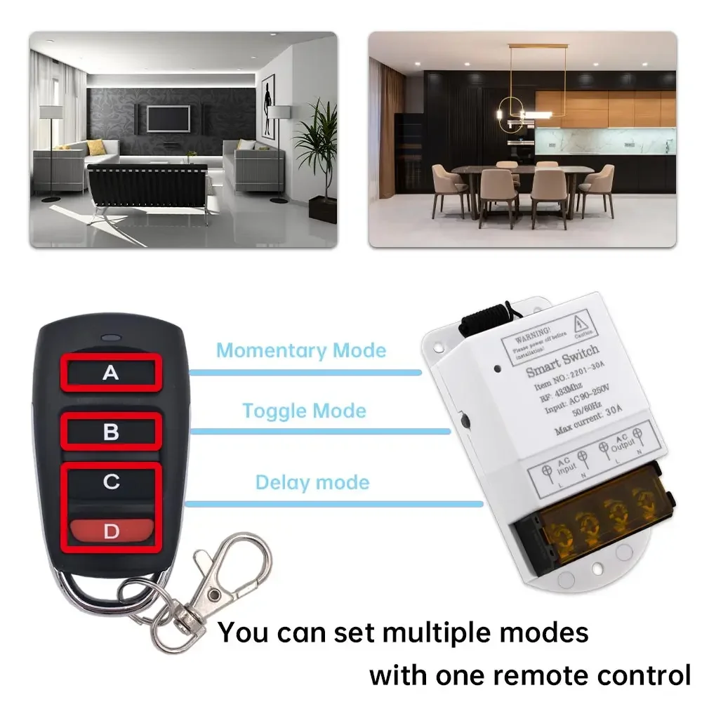 433Mhz RF Wireless Remote Control Swtich AC 110V 220V 30A High Power Relay Receiver and 4 Button Transmitter,for Pump Light Fan