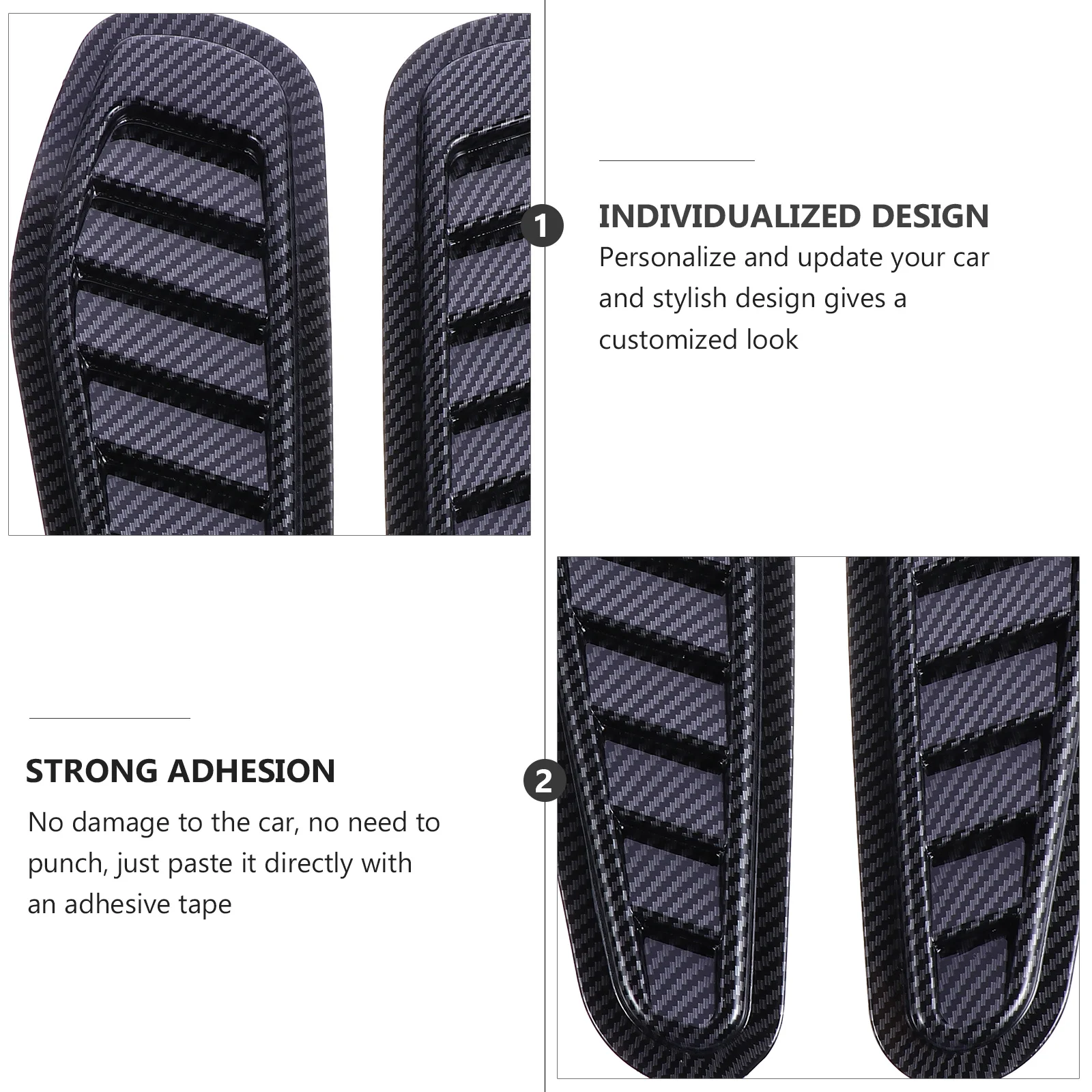 

2Pcs Carbon Fiber Texture Car Hood Vent Cover Stickers Black Car Bonnet Accessories Air Flow Vent Decoration Flow Decor