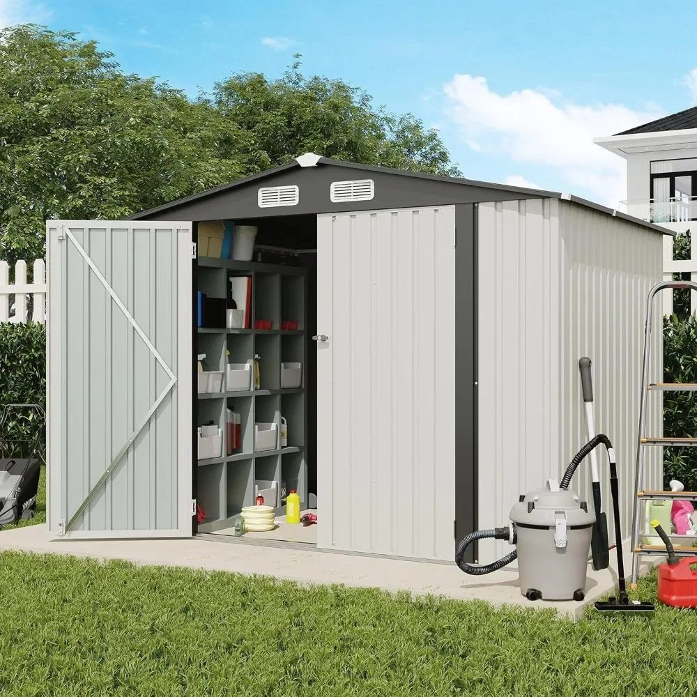 8x6 FT Outdoor Storage Shed, Galvanized Steel Metal Garden Shed, Double Door W/Lock, Outdoor Storage Tool House