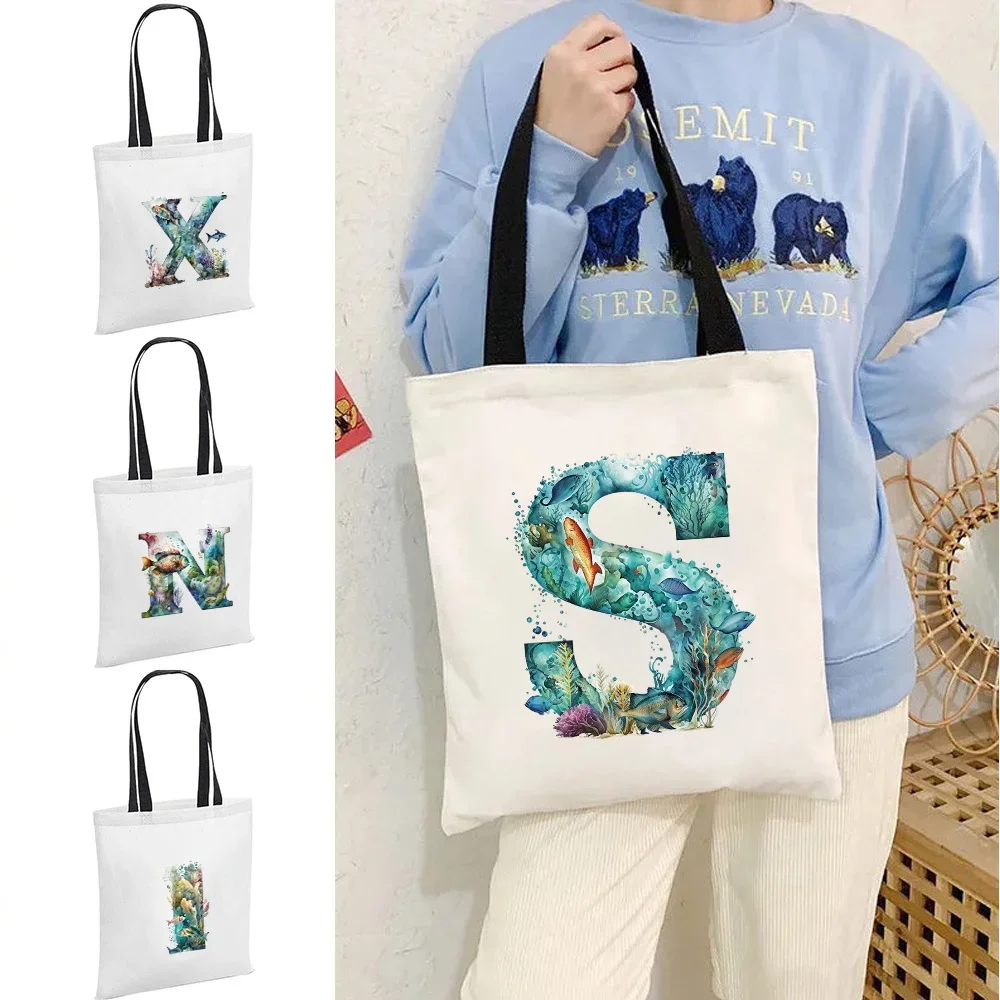 

Canvas Tote Bag Women's Shoulder Bag Casual Canvas Fish Letter Pattern Stylish Travel Tote Suitable for Work School