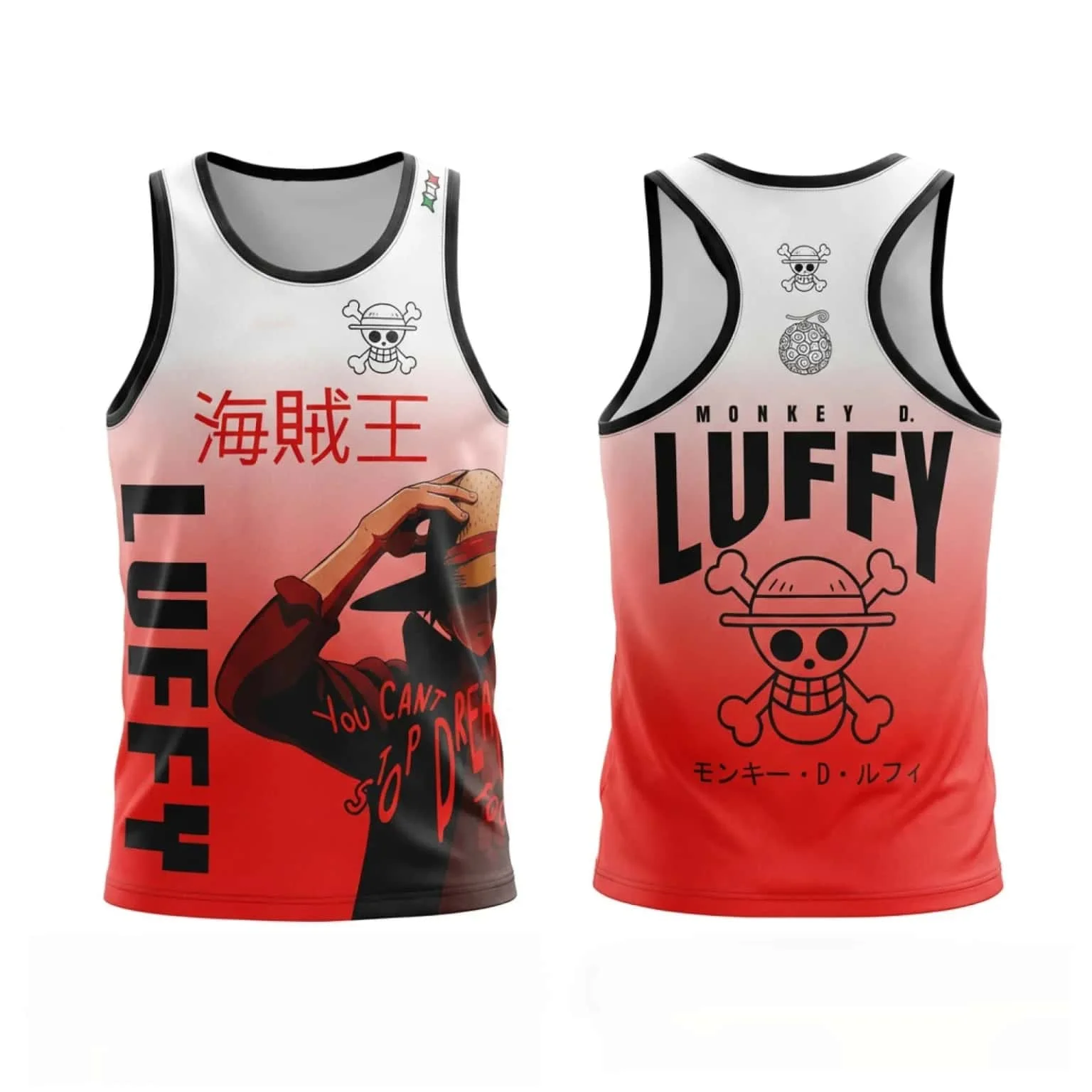 All members of the Straw Hat Pirates have a Nika shaped front and back large printed basketball vest with a cartoon display top
