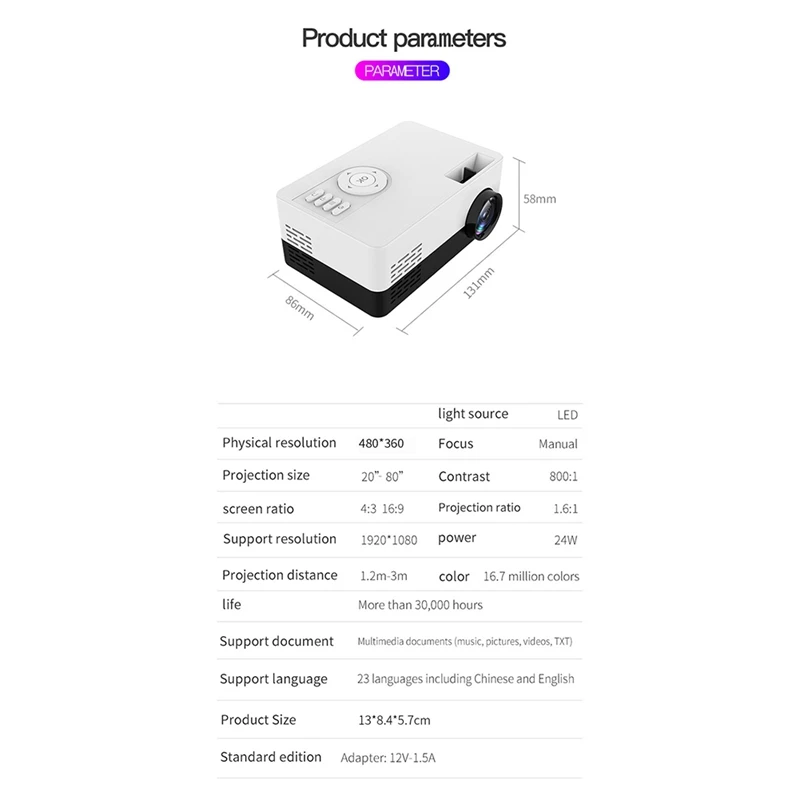 Mini Beamer de áudio e vídeo para home theater 480X360 pixels 1080P com suporte para USB US Plug