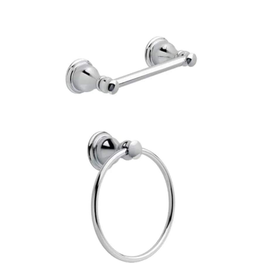 

Polished Chrome Bathroom Set Toilet Paper Holder and Hand Towel Holder Ring - Aubrey Modern Vintage Bathroom Accessories