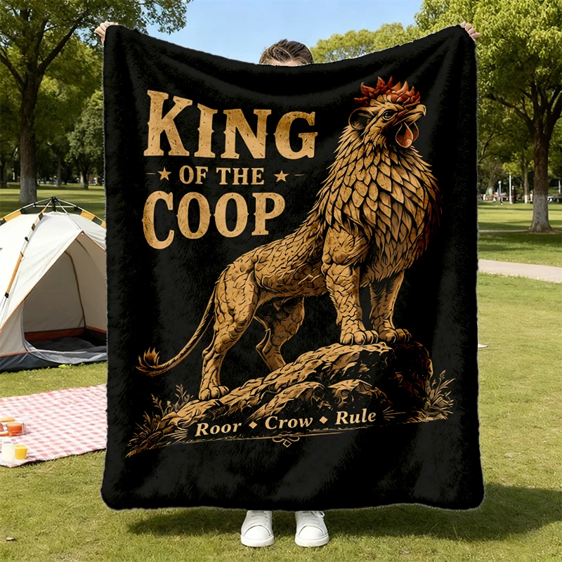 Vintage Washed Rooster Lion Hybrid Graphic Flannel Blanket, Farm Animal Meme Flannel Throw