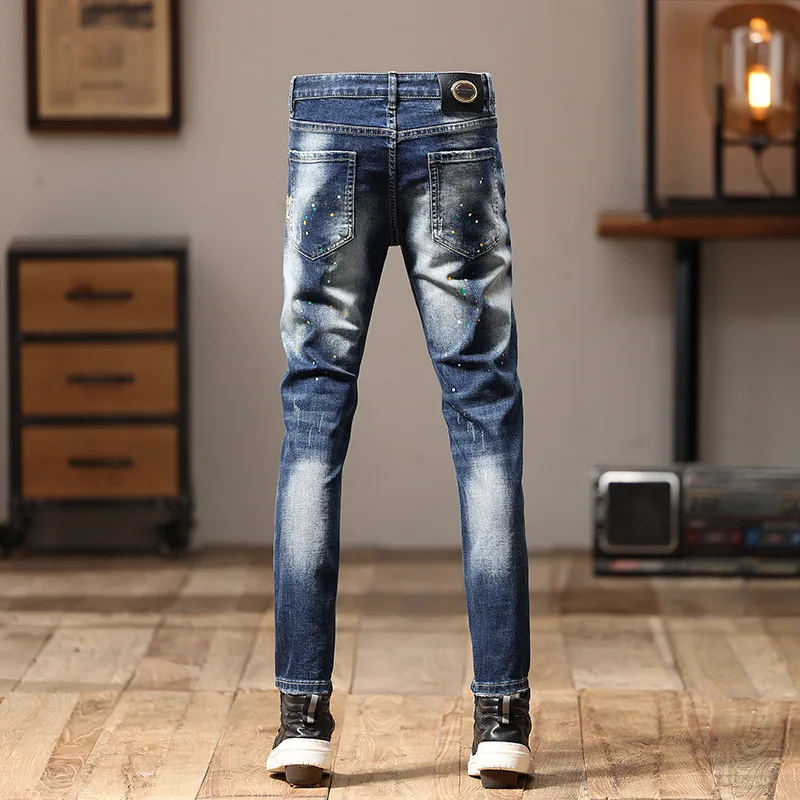 Retro Nostalgic Jeans Men's Ripped Embroidered Design Casual All-Matching Slim Fit Skinny Fashion Street Motorcycle Pants