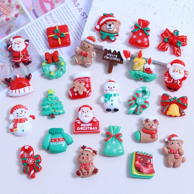 10PCS Resin Kawaii Colorful Gingerbread Man Snowman Bells Trees Flat Back Cartoon Christmas Figurines Scrapbook DIY Decor Crafts