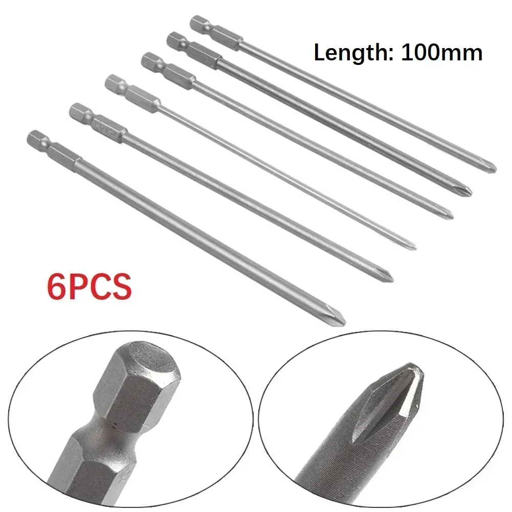 

6Pcs Magnetic Hex Screwdriver Bits 100mm Long Shank Screw Driver Cross Head 1/4inch Electric Drill Bit