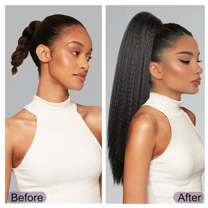 22Inch Synthetische Yaki Lange Rechte Haarverlenging Trekkoord Clip-in Paardenstaart Zwart Bruin Natuurlijke Pluizige Haarstukje voor Vrouwen