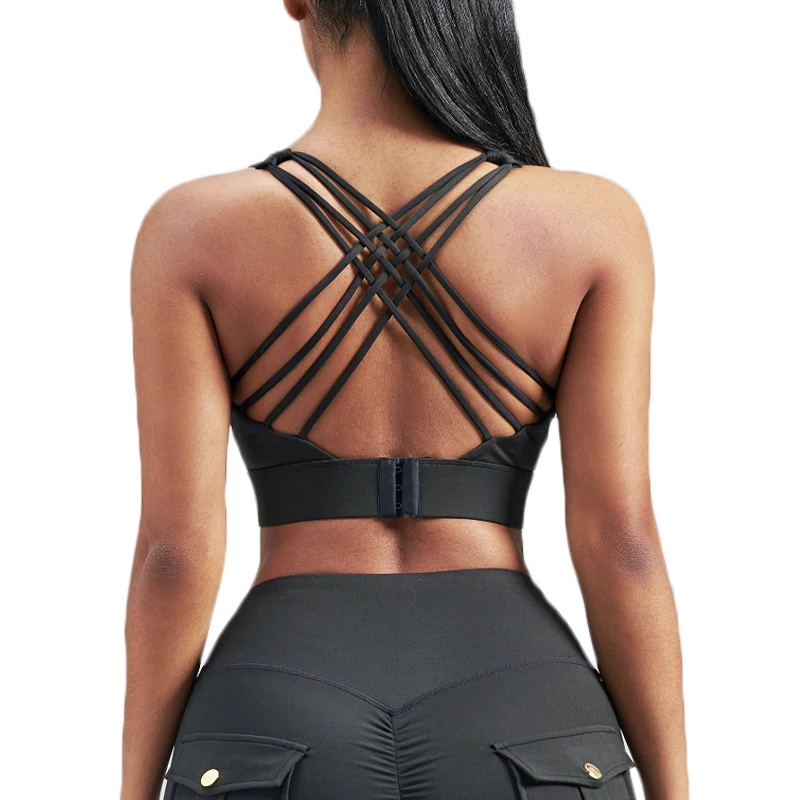 PofyBofy Sexy Crisscross Back Closure Yoga Strappy V Neck Sports Bra Criss Cross Back Wireless Removable Padded Workout Yoga Bra