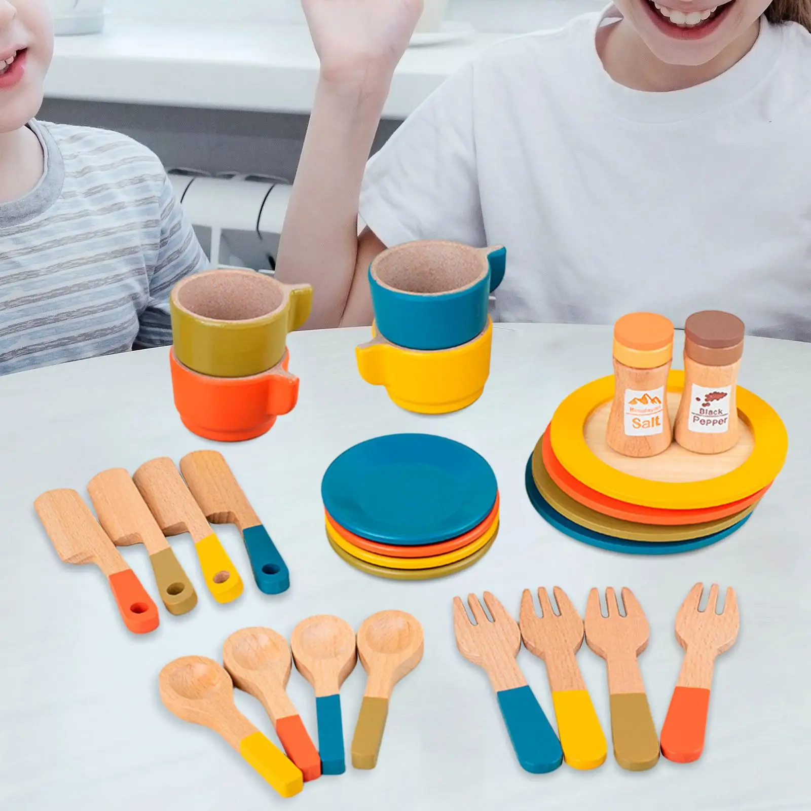 Platos de juguete de madera, tazas a juego de colores Montessori, platos de juego de simulación