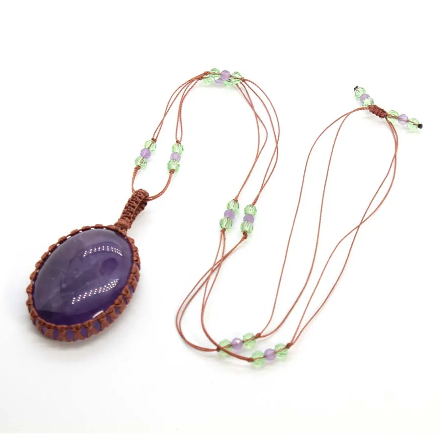 Crystal Braided Macrame Oval Stone Pendant Necklace For Women Natural Amethyst Handmade Thread Rope Wrapped Weave Chain Jewelry