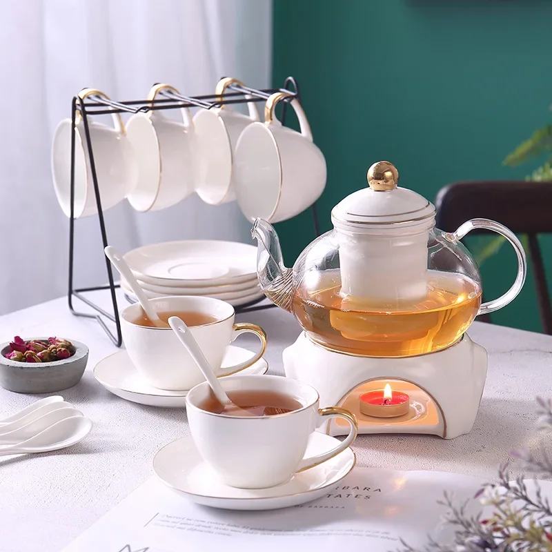 

Gold White Ceramic Tea Set British Porcelain Cup Pot with Candler Strainer Floral Glass Teapot Ceremony Teaware Teacup
