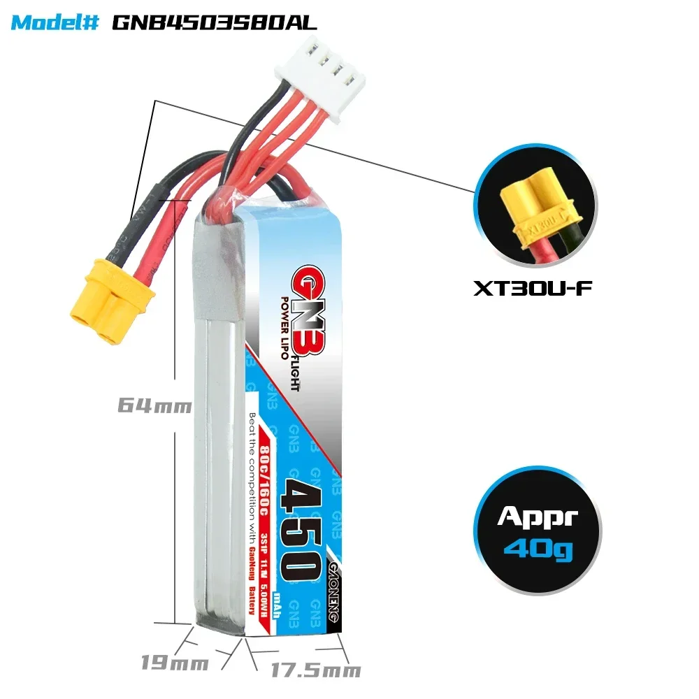 GAONENG GNB 450mAh 3S 80C 160C 11.1V XT30 LiPo Battery Long Type Beta75X Cine Whoop Mini Micro FPV 1.6 to 2 inches