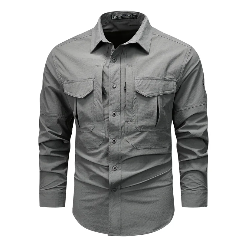 New Summer Men Outdoor Quick Drying Cargo Shirts Multi Pockets Long Sleeves Tooling Shirts Male Breathable Comfortable Shirts 4X