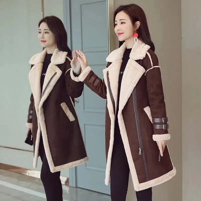 2024 Women\'s Winter Korean Plus Velvet Deerskin Velvet Fur One Lamb Fur Outwear Mid-Length Thick Cotton Coat Female