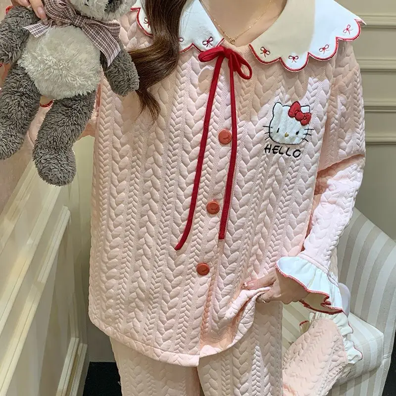 

Princess Style Pajamas Girl in Autumn Winter Long-sleeved Trousers Thickened Warm Air Cotton Cartoon HelloKitty Home Wear Set