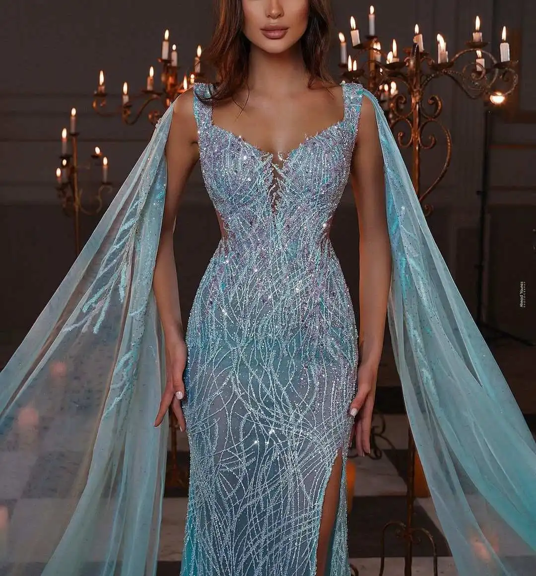 Icidal-Robe de Soirée Sirène Personnalisée avec Paillettes Rondes et Perles, Tenue Formelle de Bal avec Traîne de Balayage Fendue et Col en Cœur