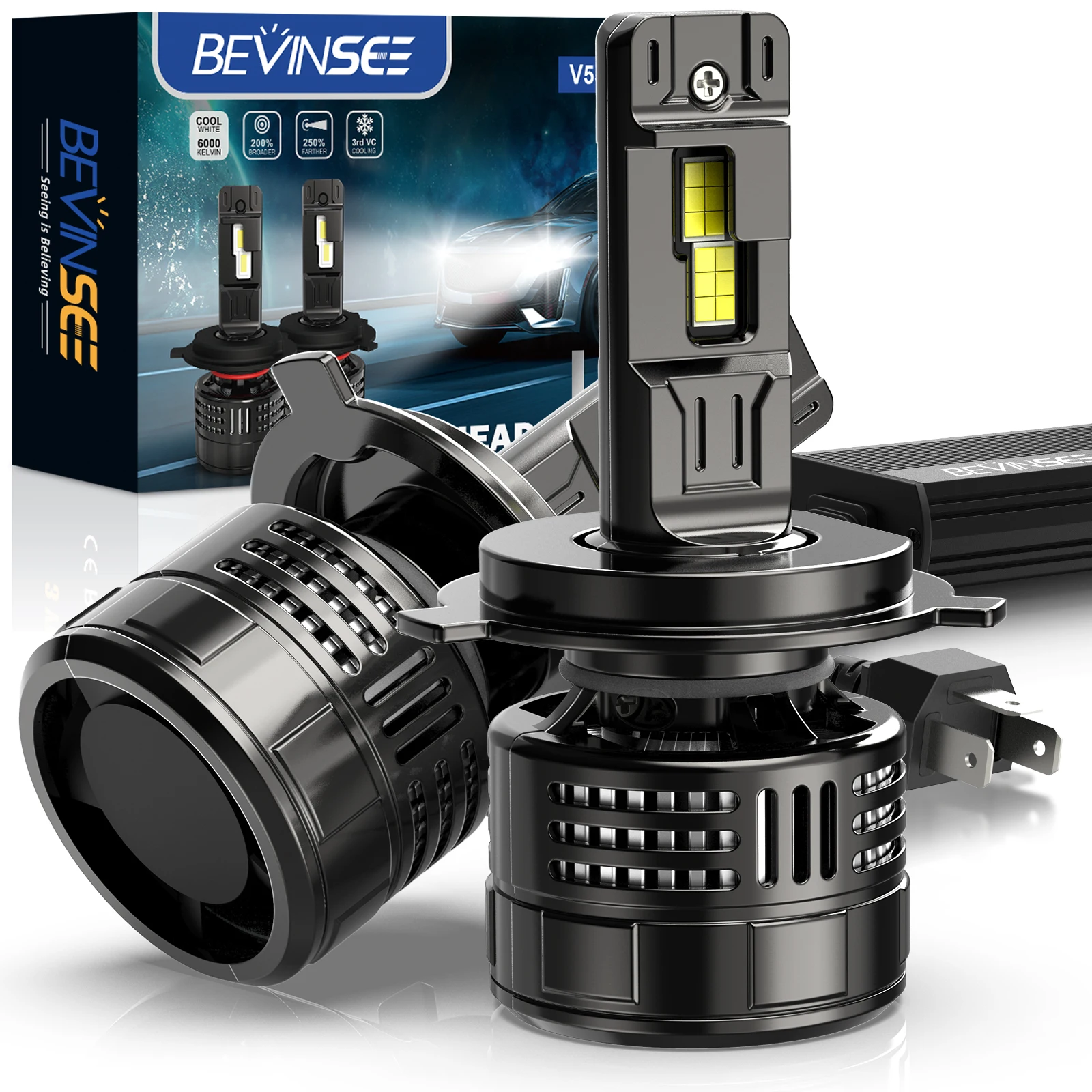 

BEVINSEE H4 LED CANBUS Car Bulb H7 H11 HIR2 9005 HB3 9006 HB4 LED High Power 6000K White High Power 150W 28000LM Turbo LED Light