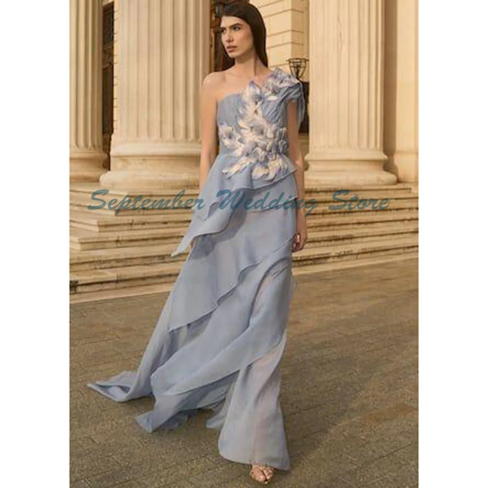 

Blue Evening Dresses Women Strapless Sleeveless Prom Party Flowing Alliques Floor Length Sweep Train Exquisite Female Gowns