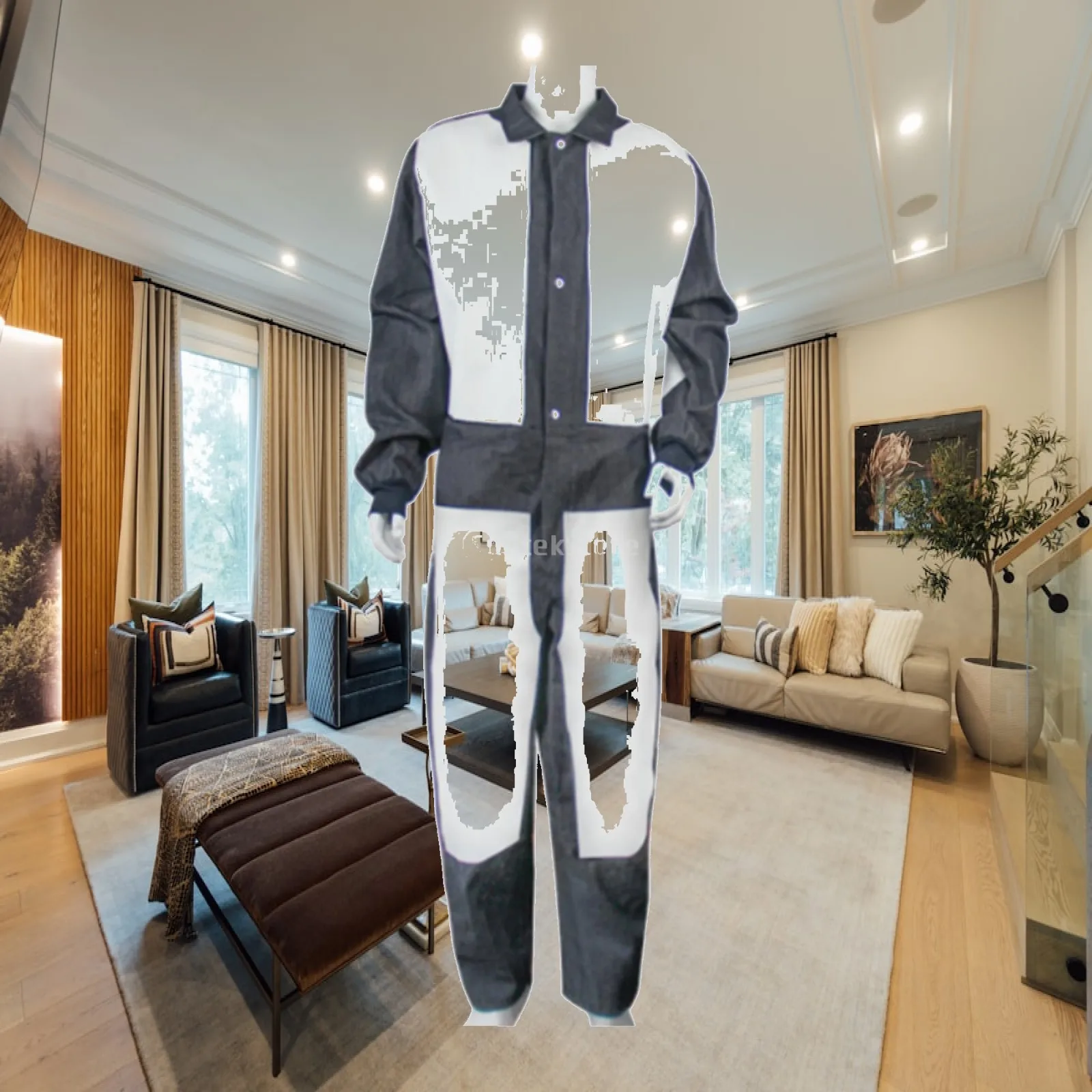 Protective Coverall Rugged Denim Cowhide Reinforced One Piece Work Jumpsuit Dust Debris Resistant for Construction