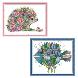 Cross Stitch Embroidery Kit Beautiful Hedgehog And Fish Pattern 16CT 14CT Printed Fabric DIY Embroidery Needle Set Sewing Kit