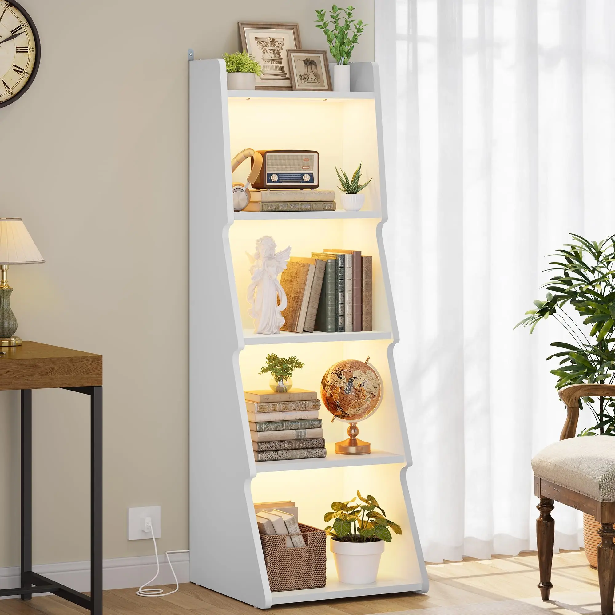 5-Tier Open Bookshelf With LED Light Floor Standing Display Storage Shelf For Home Office Living Room Bedroom White