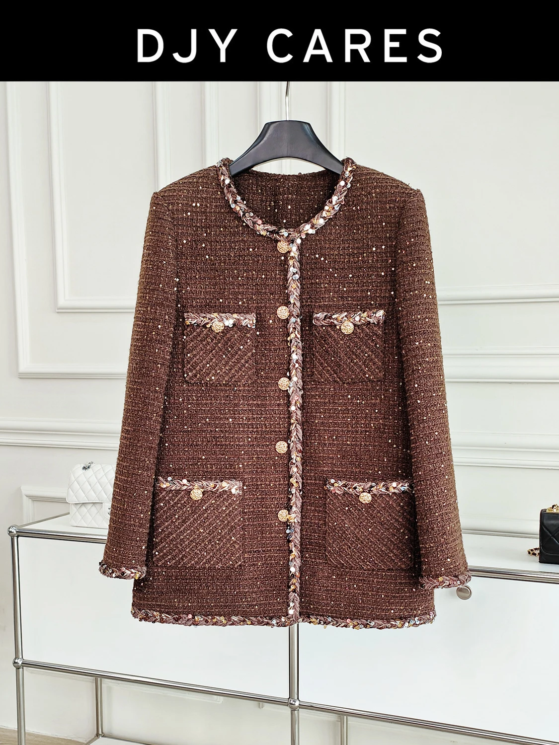 New Coarse tweed autumn  winter with cotton, dark brown medium length jacket and top big  size