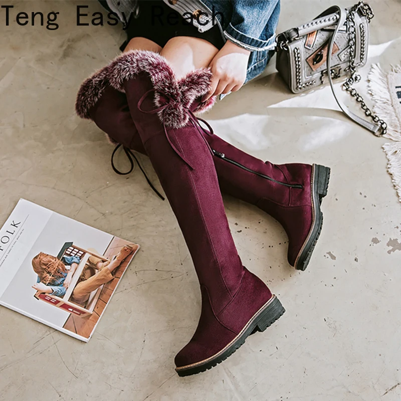진짜 토끼 머리 레이스업 겨울 따뜻한 롱 부츠, PU 또는 프로스트 플록 두꺼운 힐, 무릎 위 부츠, 가을 겨울