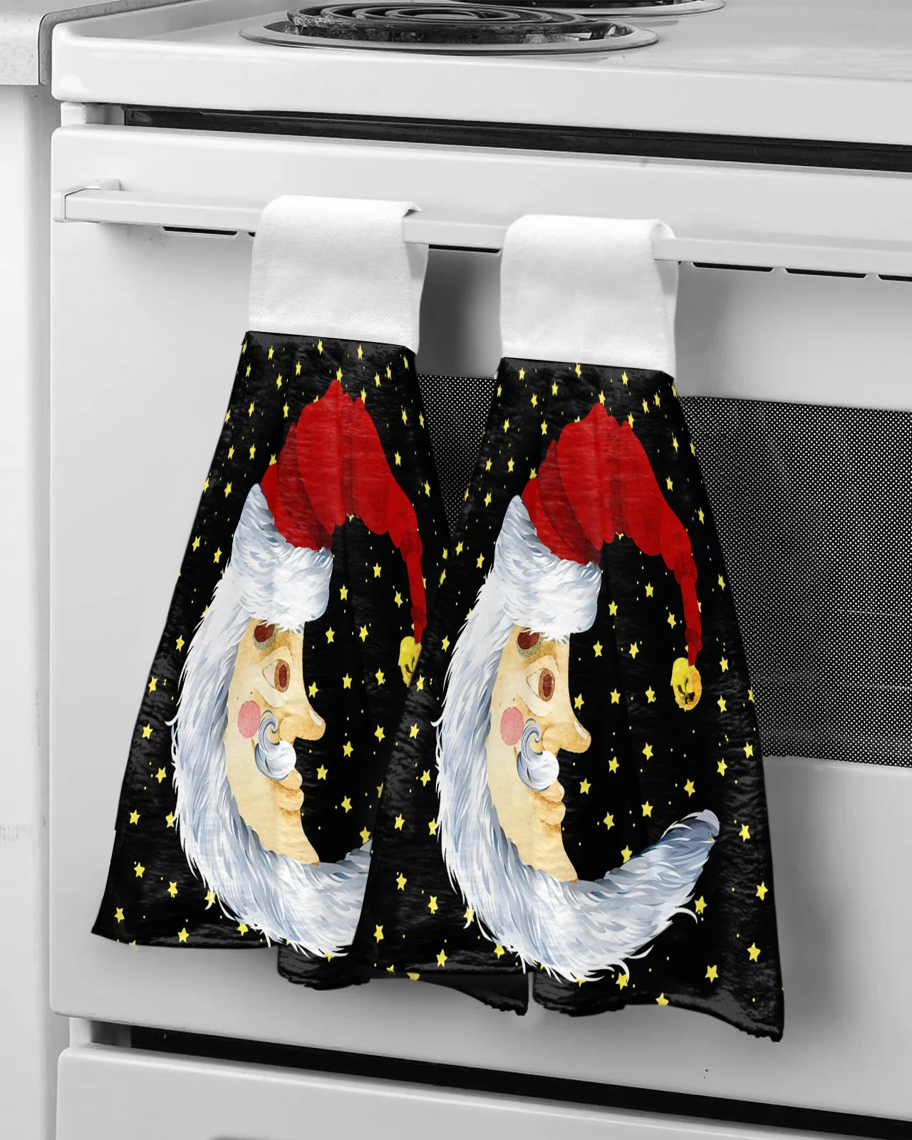 Christmas Santa Claus Moon Black Stars Hanging Kitchen Hands Towels Quick Dry Microfiber Cleaning Cloth Soft Towel