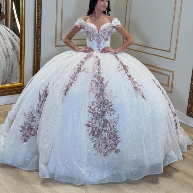 

White Shiny Quinceanera Dresses Ball Gown Off The Shoulder Sequin Applique Lace Beading Tull Corset Party Birthday Sweet 16