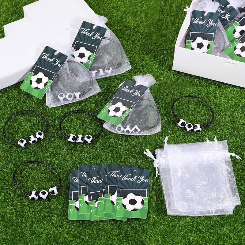 

12/24set Football Beaded Bracelet With Thank You Card Organza Gift Bag Soccer Sports Themed Birthday Party Favors For Kids Guest