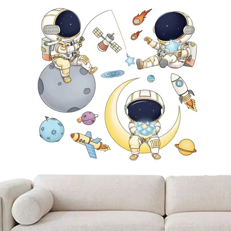 Astronaut Wall Decals For Boys Room Outer Planet Spaceman Cartoon Creative Removable Stickers Rocket Cosmonaut Spaceship Star