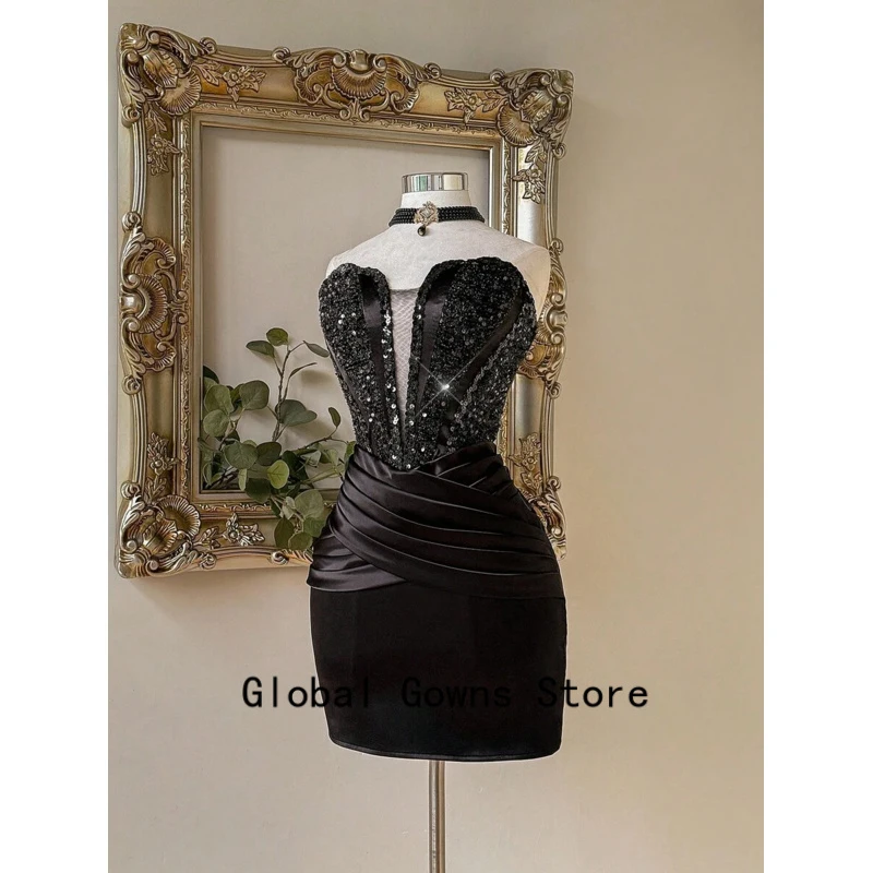 

Elegant Luxurious Black Wire Homecoming Dresses Beaded Embroidered Handmade Ribbon Short Pleated Cocktail Dress Customized