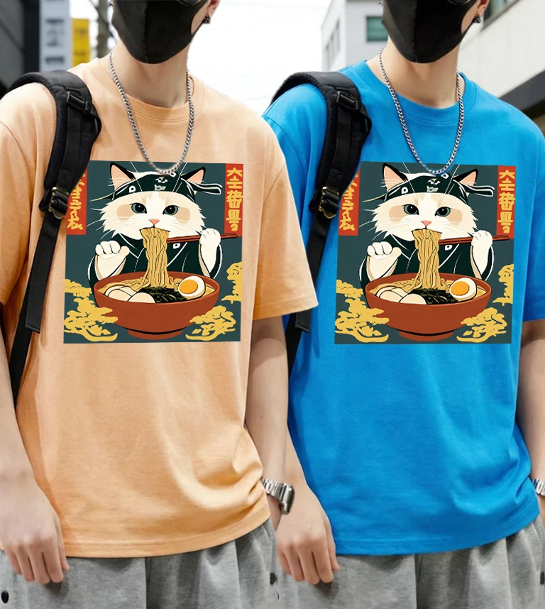 

Cats Who Like Lamian Noodles Very Much Printed Male Cotton Summer T Shirt Set Hip Hop Street Clothing Youth Beach Short Sleeve