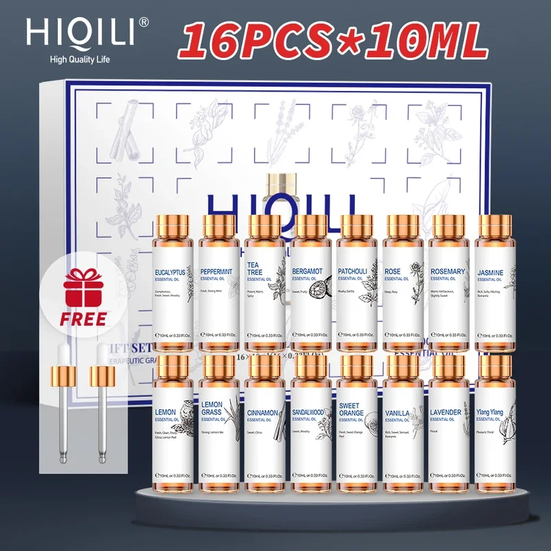 HIQILI 16 PCS 10ML Essential Oils Set,  Pure Lavender,Eucalyptus,Vanilla, Jasmine,Mint,Rose Oil for Diffuser,Humidifier, Candles