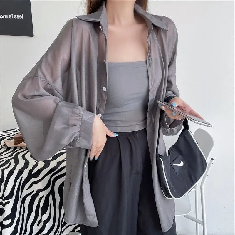 

Gray Ice Silk Sun Protection Shirt Women's Summer Thin Cardigan Design Sense of Small Sag Smock Coat Blouse Women's Clothing