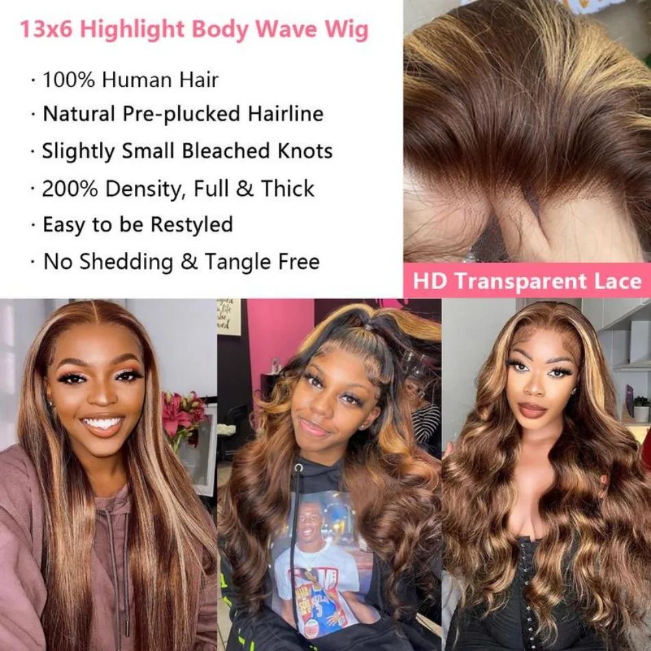13X6 Hd Lace Frontal Wig Highlight Wig Human Hair 427 Body Wave Human Hair Wigs Brazilian Hair P1B30 Lace Front Wigs 250 Density image 5