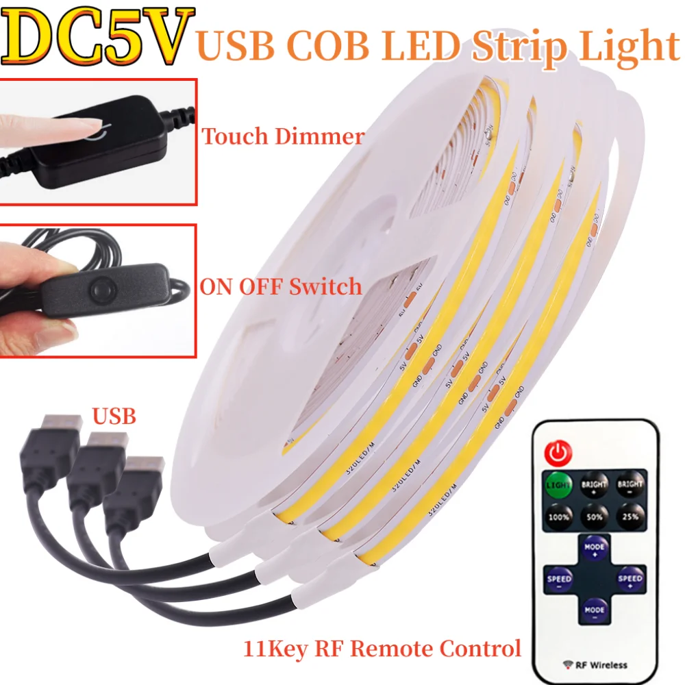 Tira de luces LED COB de 320LEDs/m, 5V, USB RA90, cinta de diodo de iluminación lineal flexible, lámpara de retroiluminación de TV, interruptor de