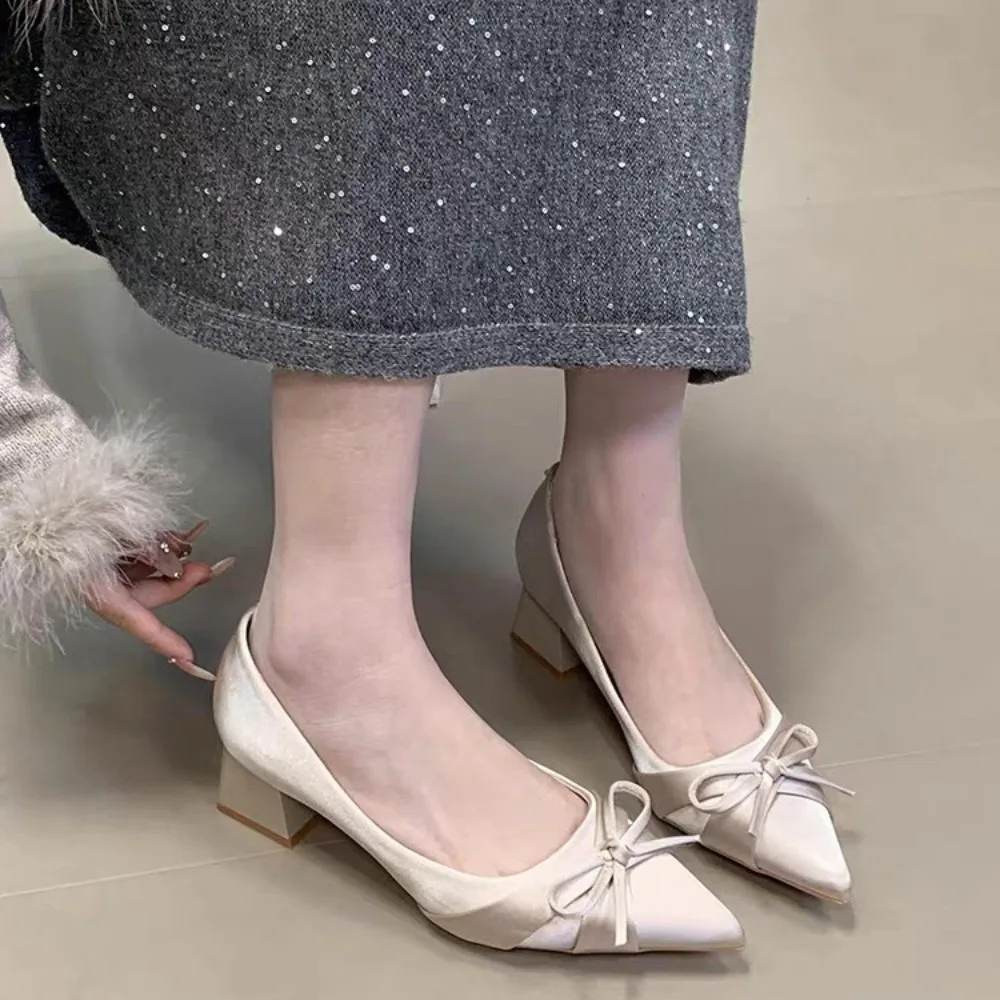 2026 New Temperament Satin Pointed  Pumps Sweet Bow Thick Middle Shoes for Solid Shallow Mouth Elegant Woman Heels