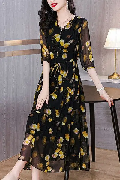 Elegant Floral Pleated H Shaped Midi Dress Female V Neck Puff Sleeve Waist Ruched Button Dresses Women Summer Dress Robe S277