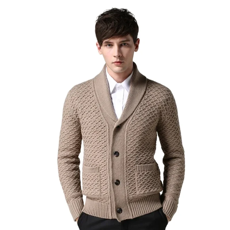 

Man New Cardigan Turn Down Collar Sweater Single Breasted Men Knitted Jumpers Long Sleeve Solid Loose Fit Button Pockets Casual
