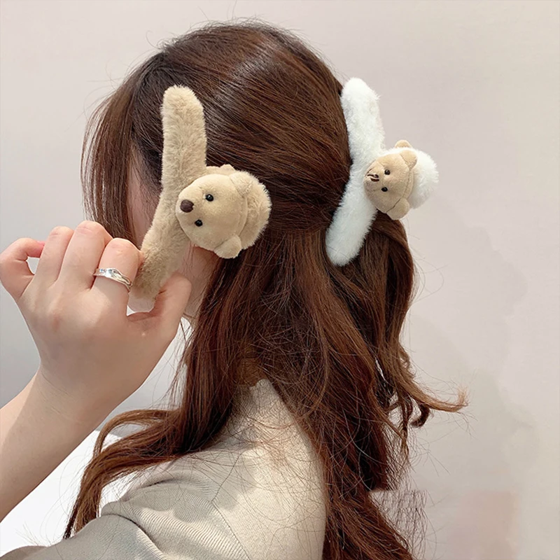 Cute double-sided plush bear head large claw clip Korean style furry hair clip back of head hairpin hair shark clip