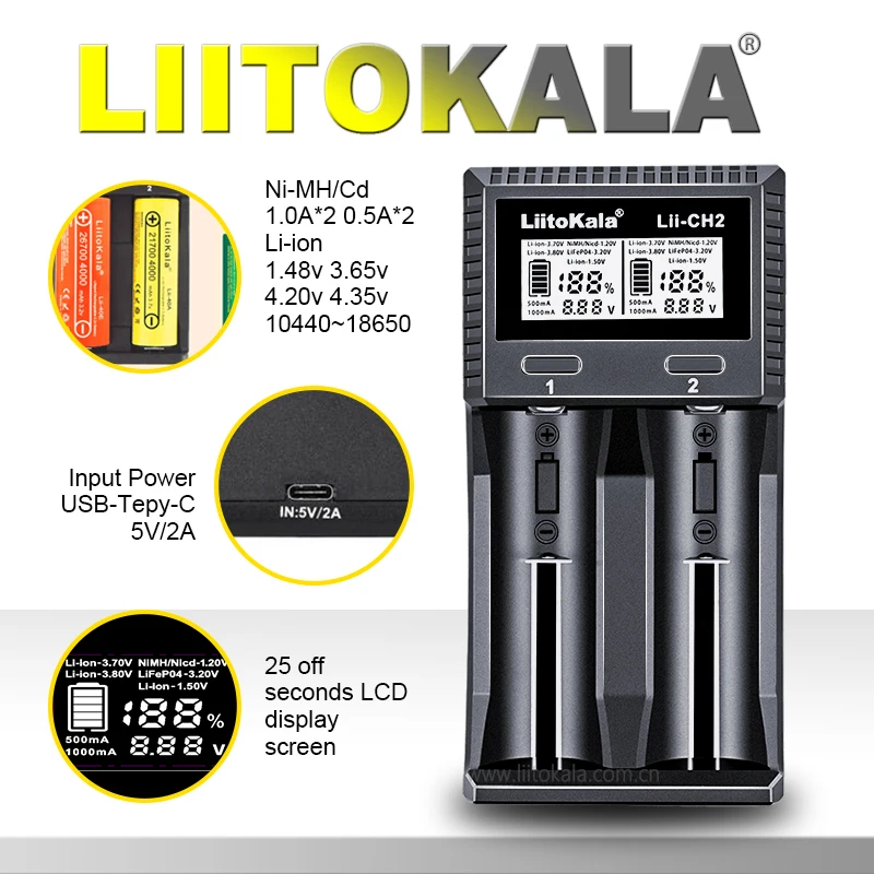 Liitokala Lii-402 18650 3.7V 3.2V 3.85V 26650 20700 14500 21700 25500 16340 1.2V NiMH Lithium Rechargeable Battery Charger